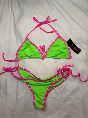 Doll Swimwear Tokyo Neon Green & Pink Polka Dot Bikini Set – Size Large